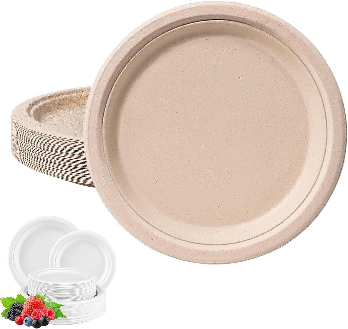 Wegwerpborden, 100 stuks, 18 cm, kleine kartonnen schalen, natuurlijk bruin, rond wegwerpservies, suikerriet, biologisch wegwerpborden, papieren borden voor feestjes, kinderverjaardagen