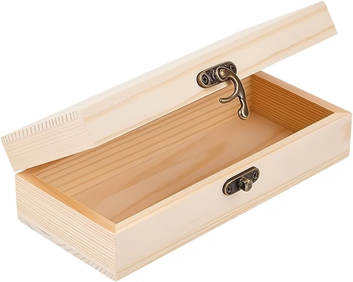 Houten doos, 18 x 8 x 5 cm, natuurlijk glad hout, onbeschilderd, afsluitbaar met klapdeksel voor het opbergen van sieraden en foto's voor doe-het-zelf projecten, kunsthandwerk