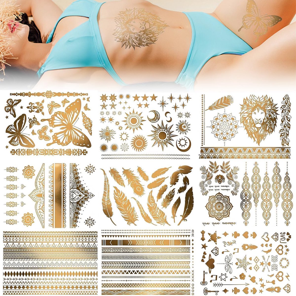 Tijdelijke Tattoos, Glitter Gouden Fake Tattoo Sjablonen voor Vrouwen, Meisjes, Kinderen en Jongens, DIY Gezicht en Lichaam Schilderen (Stijl 2)