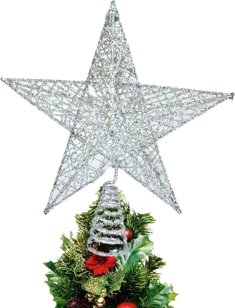 Sterdecoratie, kerstboom-topper, 25,4 cm kerstboompiek, ster, boomversiering, metalen kerstboomster voor Kerstmis, boomtop, feest (zilver)