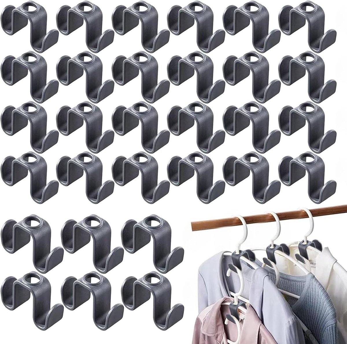 Kledinghangerhouders, 30 stuks dubbelzijdige kledinghangerverbindingshaken, draagvermogen tot 20 kg, optimale organisatie en orde, ideaal voor kledingkast, jas, hoed, tas