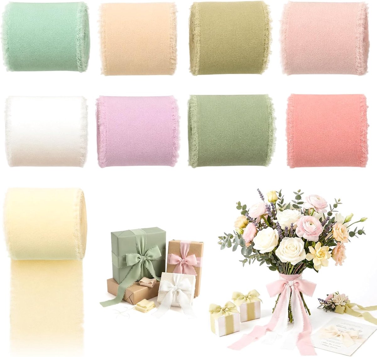 Set - 9 rollen chiffonlint met franjes, 4 cm x 5 m sierlint in afgestemde kleuren voor DIY, bruiloft en decoratie