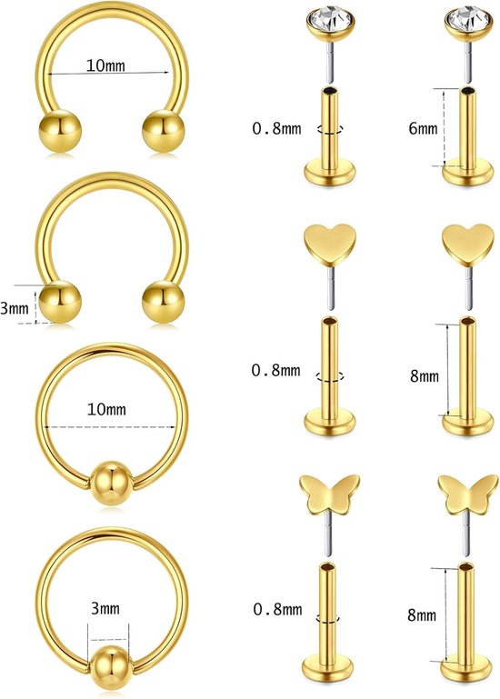 Neuspiercing, 20 g, chirurgisch staal, platte tragus, helix, labret, medusa, hart, piercing, sieraad — afbeelding 3
