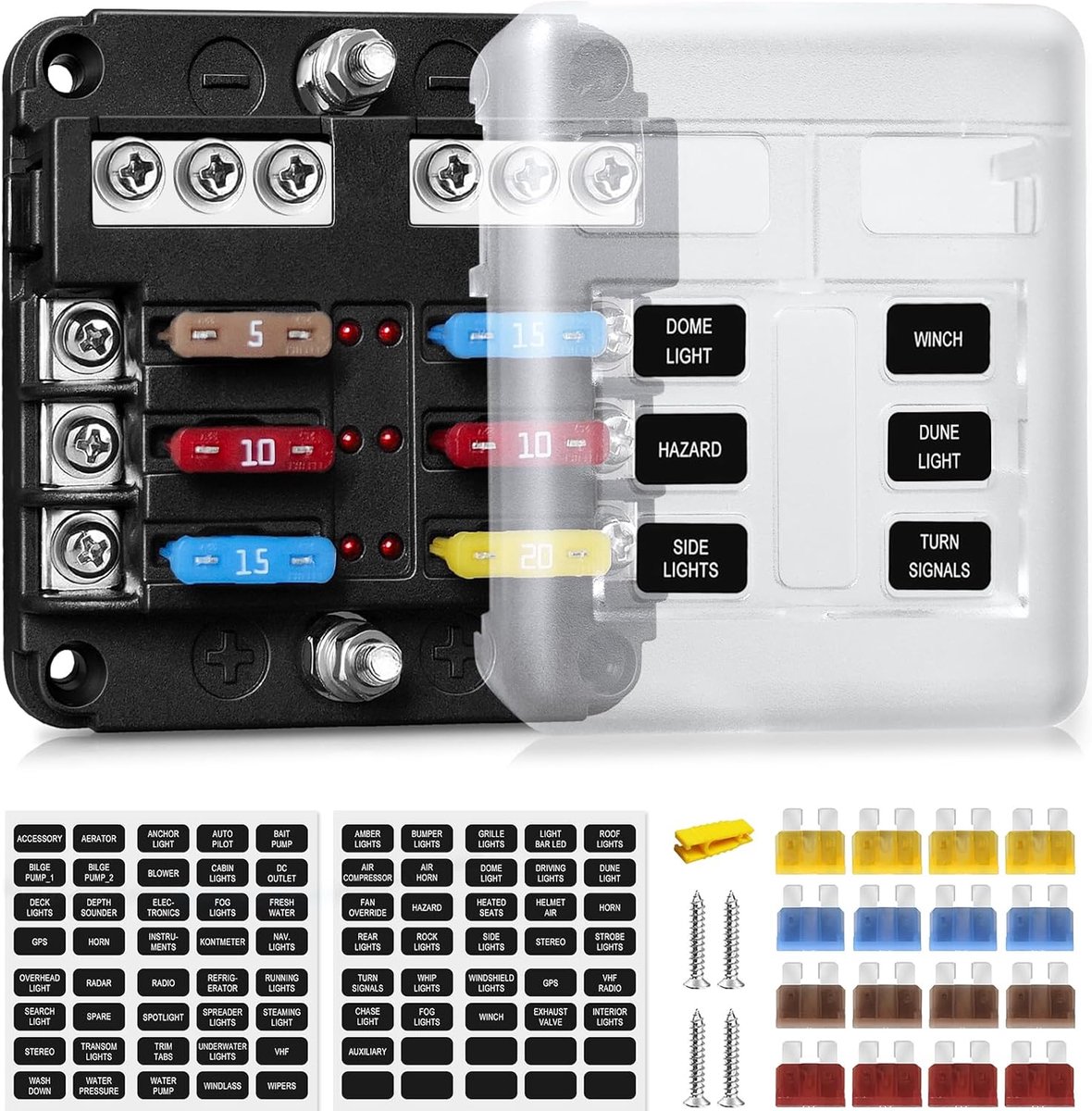 Autozekeringkast 12V, zekeringdoos en ATC/ATO steekzekeringhouder en 6-voudig 12 volt-zekeringkast met negatieve bus LED-indicator, voor auto, boot, bestelwagen, SUV