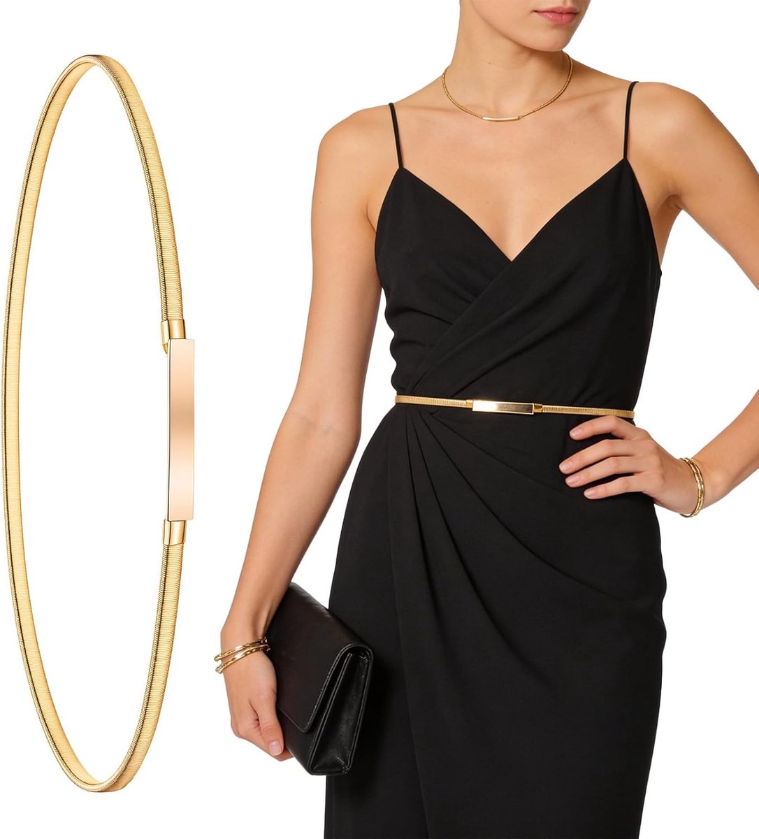 Gouden tailleriem voor dames - stretch dunne metalen kettingriem, verstelbare kledingriem accessoire