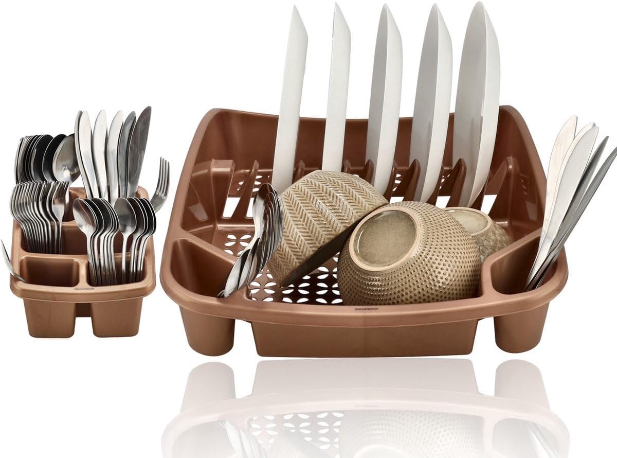 Afwasrek met Bestekhouder - 2-delig Set - Plastic Roze Goud - Ideaal voor Droogrekken van Servies en Glazen - SnelShoppen