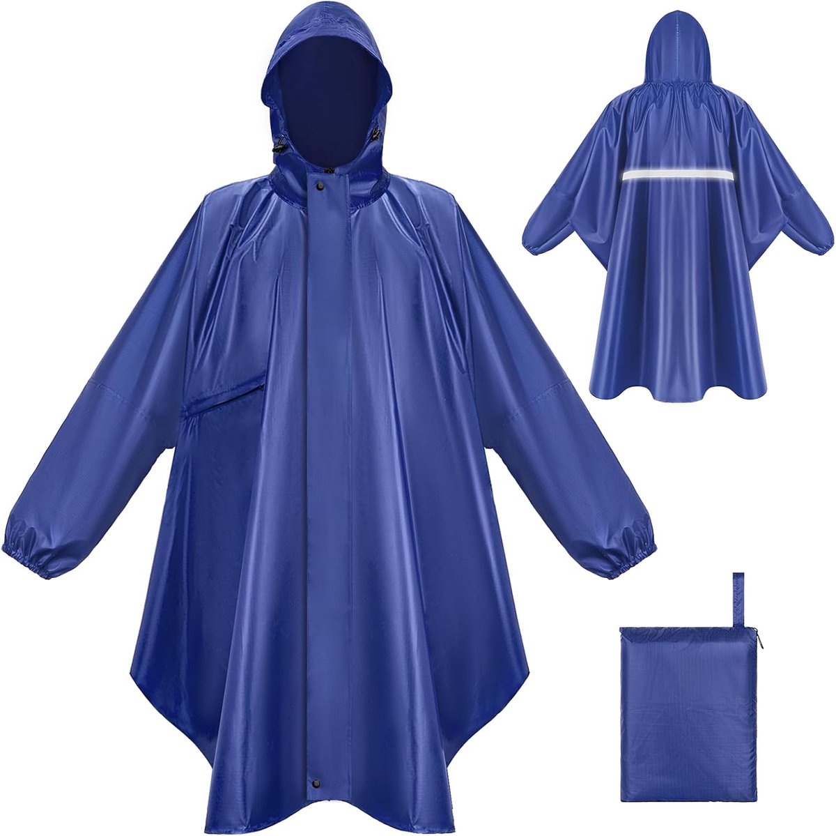 Regenponcho, waterdicht, voor dames en heren, met mouwen en zakken, herbruikbare regencape, draagbare regenjas met capuchon, reflecterende strepen, voor volwassenen, voor wandelen, reizen
