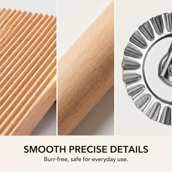 3 stuks, houten handvat, deegroller, beukenhout, gnocchi-plank met deegroller, gekartelde deegsnijder, roller voor thuiskeuken, ravioli, tortellini, macaroni — afbeelding 2