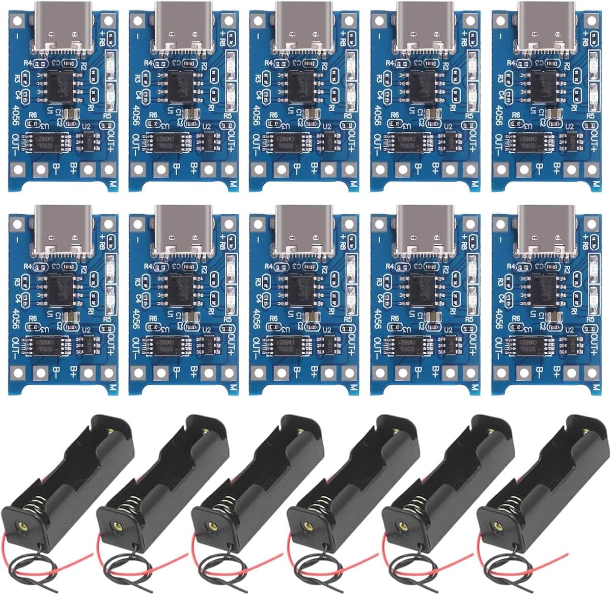 6 stuks 3,7 V 18650 batterijhouder met draadlijnen, enkele sleuf + 10 stuks Type-C USB 5 V 1A 18650 lithium batterijlader module laadboard met dubbele beschermingsfuncties