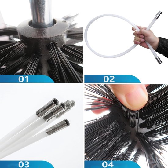 Staafset, kachelpijpborstel, haardpijp reinigingsborstel, haardborstel met 6 flexibele stangen, 410 mm, 1 borstelkop, inzetstuk met elektrische boren, voor schoorstenen, buizen — afbeelding 2
