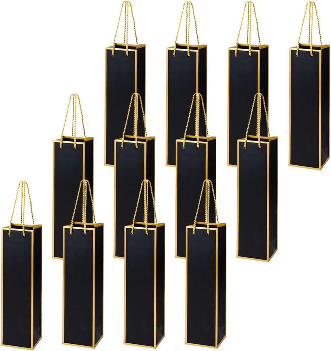 12 stuks geschenktasjes voor wijnflessen van kraftpapier, zwart, wijncadeauzakjes met handvat, kracht-wijnorganizer voor Kerstmis, bruiloft, verjaardag, feest