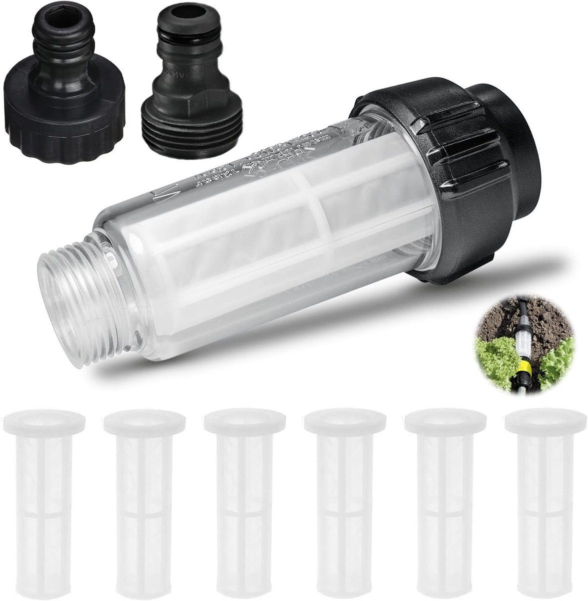 3/4" watervoorfilter met 6-delig filterelement en 2 snelkoppelingen voor hogedrukreiniger, tuinirrigatie, tuinpomp, caravan, huishoudelijk (zwart)