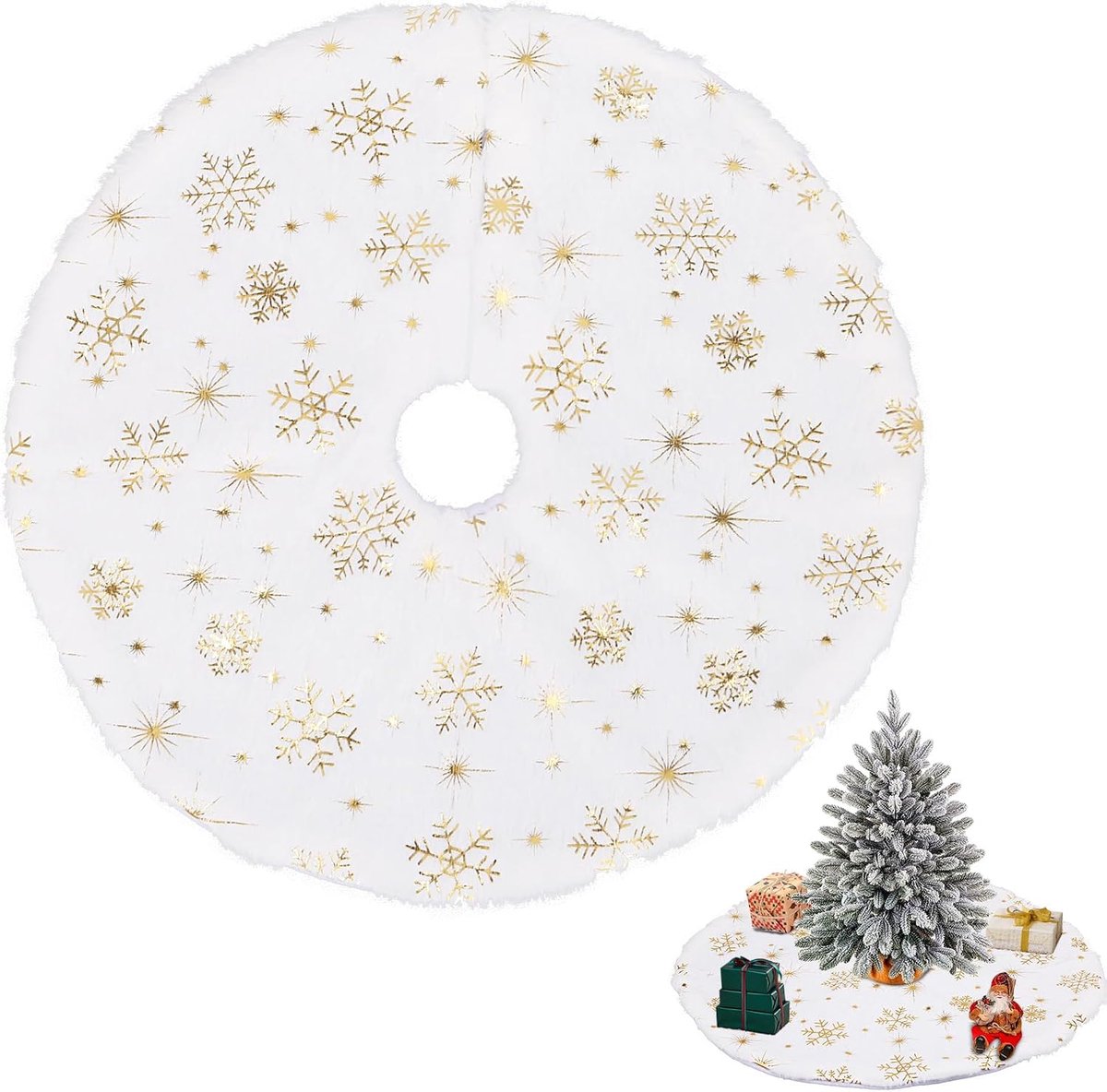 Sneeuwwit kerstboomtapijt, 15in / 38 cm, kerstboomdecoratie (gouden sneeuwvlok)