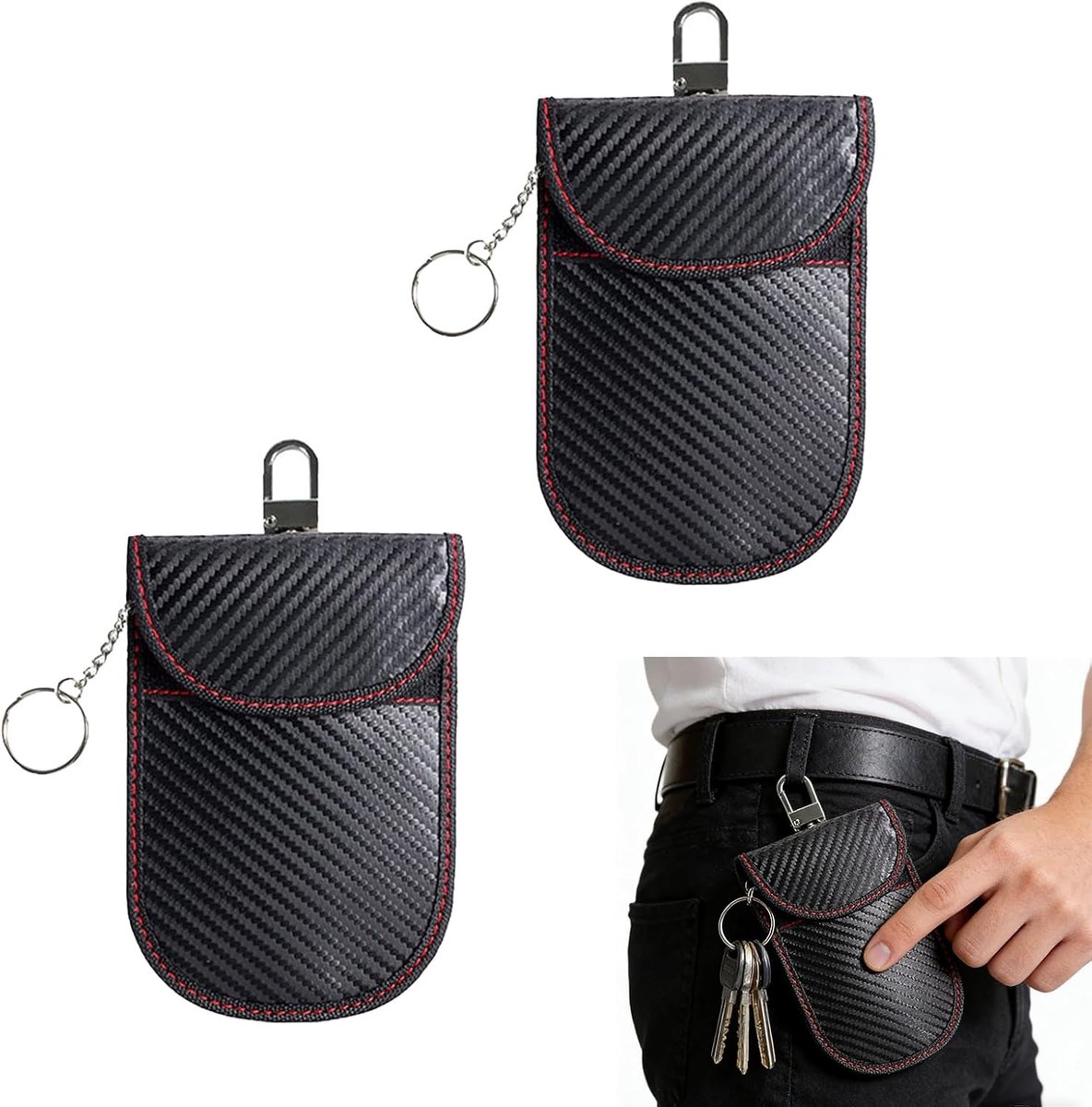2-Pack Faraday Etui voor Autosleutels – Anti-Diefstal RFID Signaalblokkering Tas voor Autosleutels – Bescherming tegen Middeninval en Elektronische Diefstal, Universele Sleutelhanger met Haa