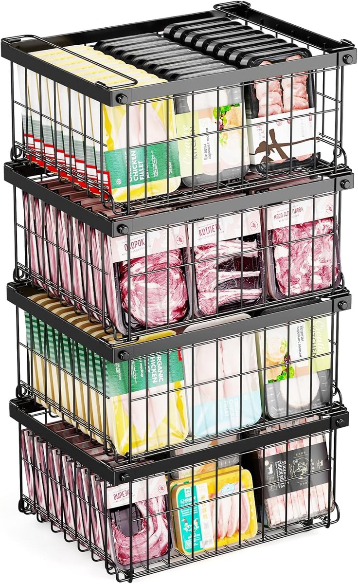 stapelbaar, voor vrieskast, organizer, stapelmand, zwart, 38,5 x 30,7 x 78 cm (l x b x h)