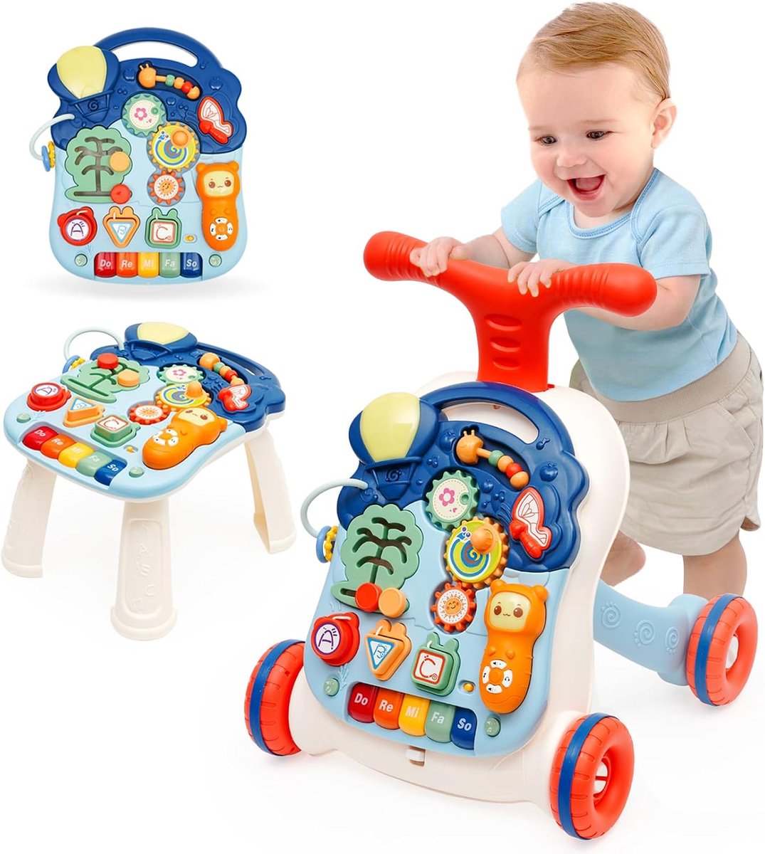 Loopwagen voor kinderen, zittend, in hoogte verstelbaar, multifunctionele babydrager met verlichting, muziek en geluid, interactief voor 9 maanden en ouder