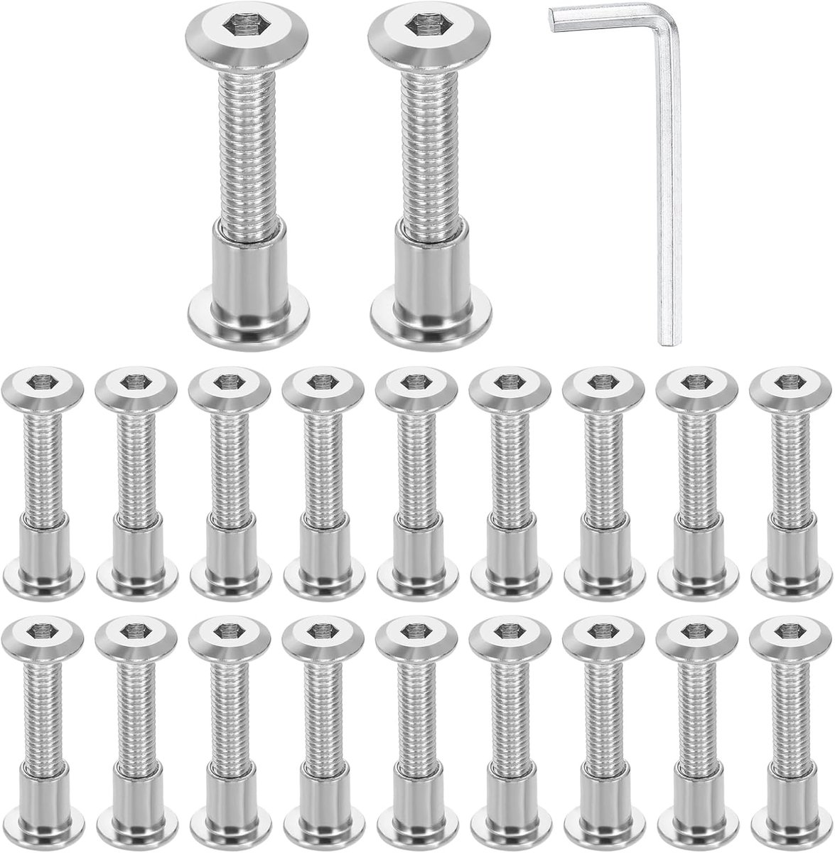 Set van 20 M6 x 30 mm zeskantaandrijving verzonken kopschroeven en M6 x 10 mm moeren met M4 zeskantsleutel meubelverbindingsschroeven en schroeven voor meubels verzonken riem zilver