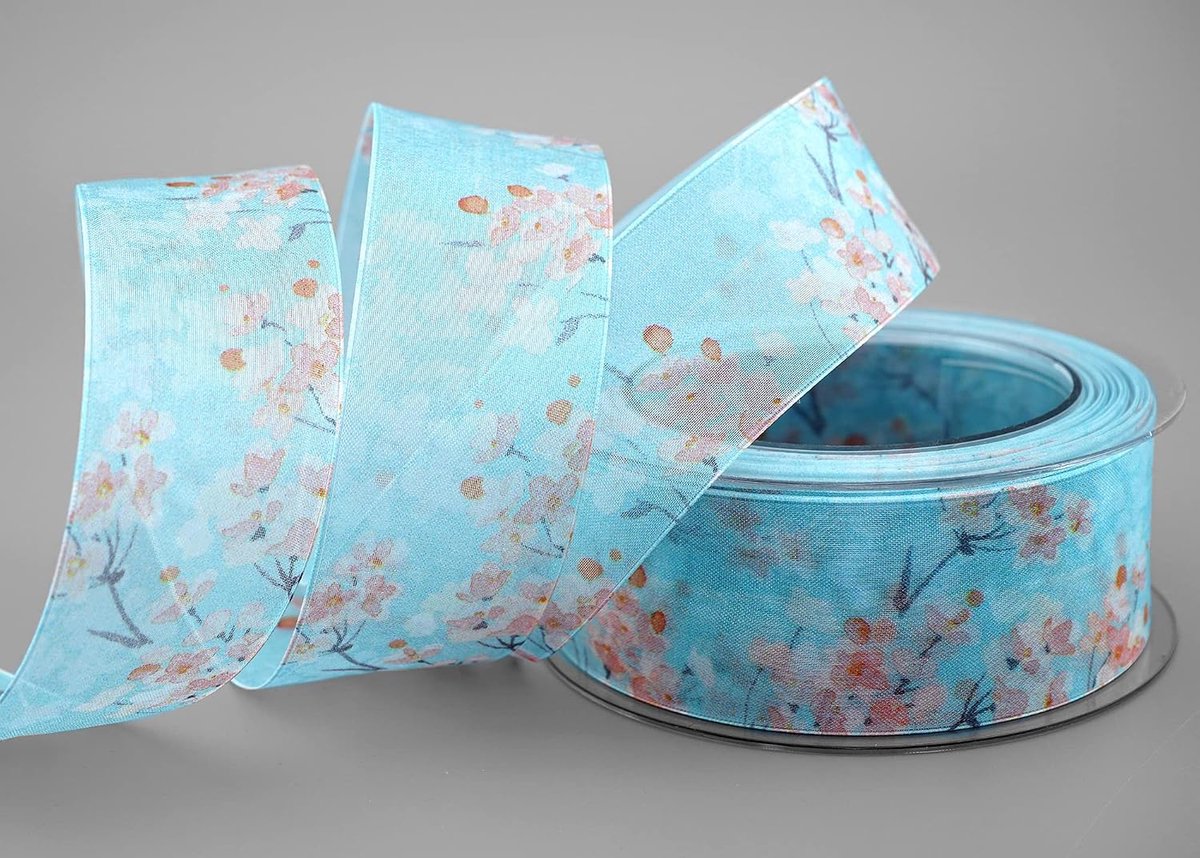 20 m x 40 mm decoratief lint EVA lichtblauw abrikoos chiffon met bloemen bloemenlint transparant met draadranden cadeaulint aquarel lint stoffen lint lente zomer band geschenkverpakking verjaardag