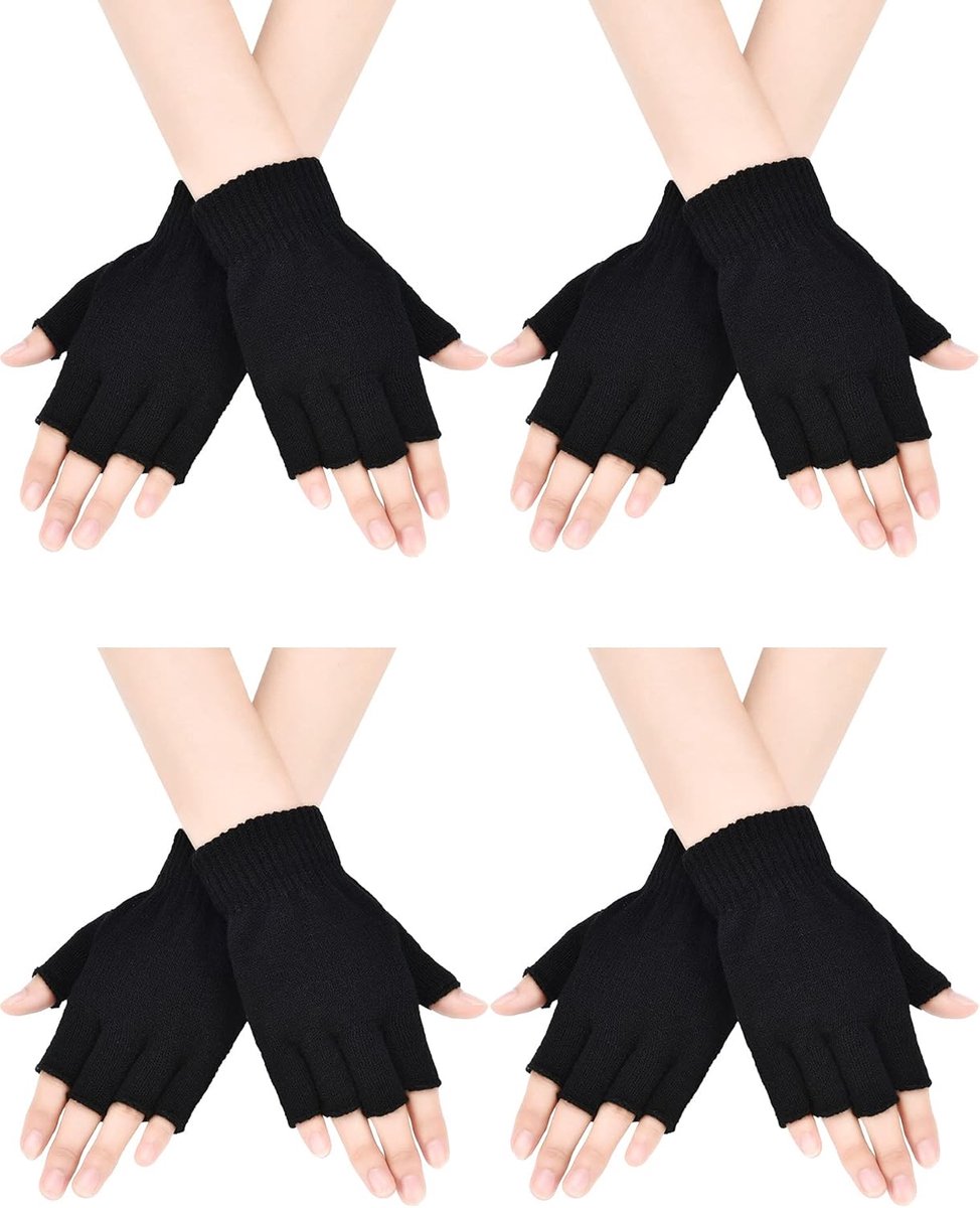 4 Pairs Fingerless Gloves Half Finger Mittens Winter Solid Color Typing Knitted Gloves for Boys and Girls(Black)