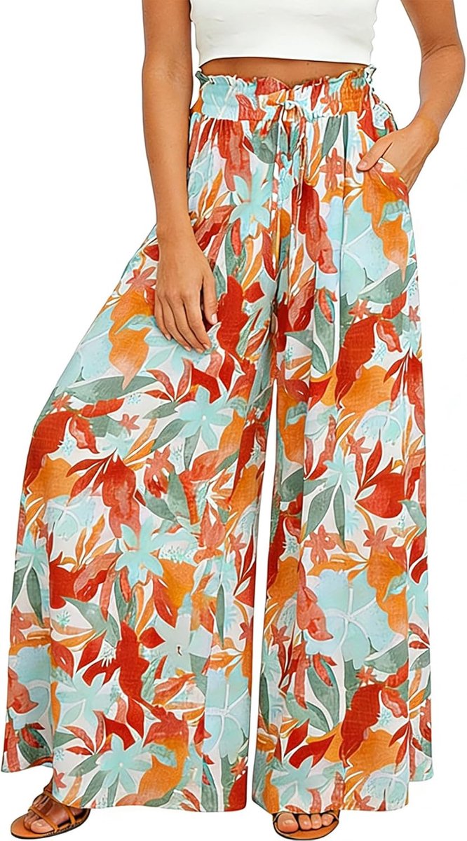 zomer, hoge taille, vloeiende palazzo-broek, brede pijpen, casual, licht, elegant, strand, casual broek met zakken en trekkoord