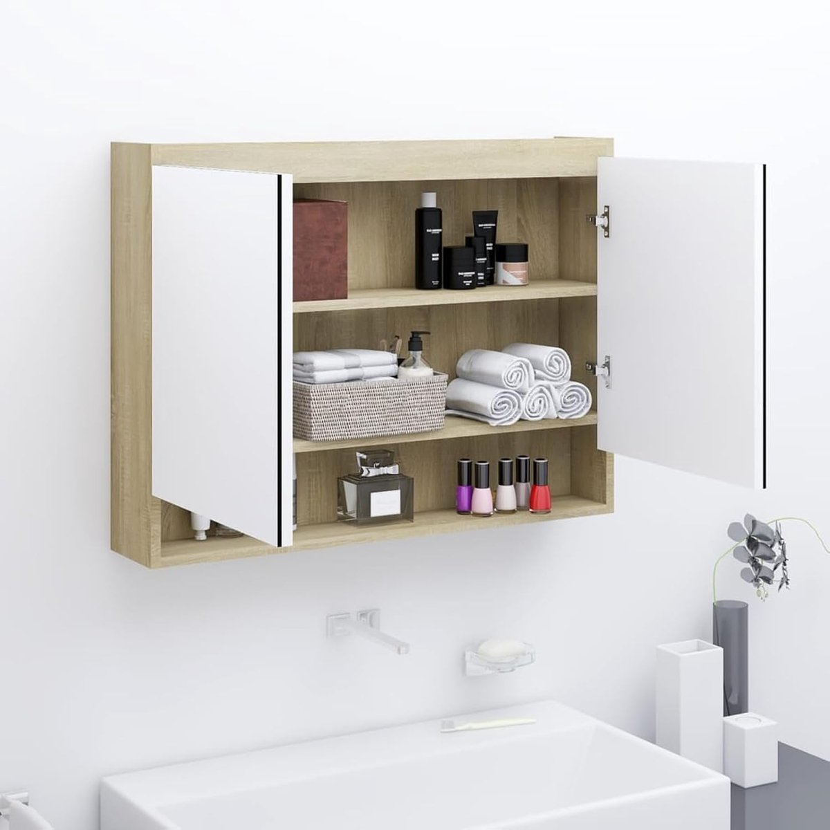 Spiegelkast badkamer 80 cm breed MDF melamine wit en eiken bruin 60 cm hoog voor moderne inrichting