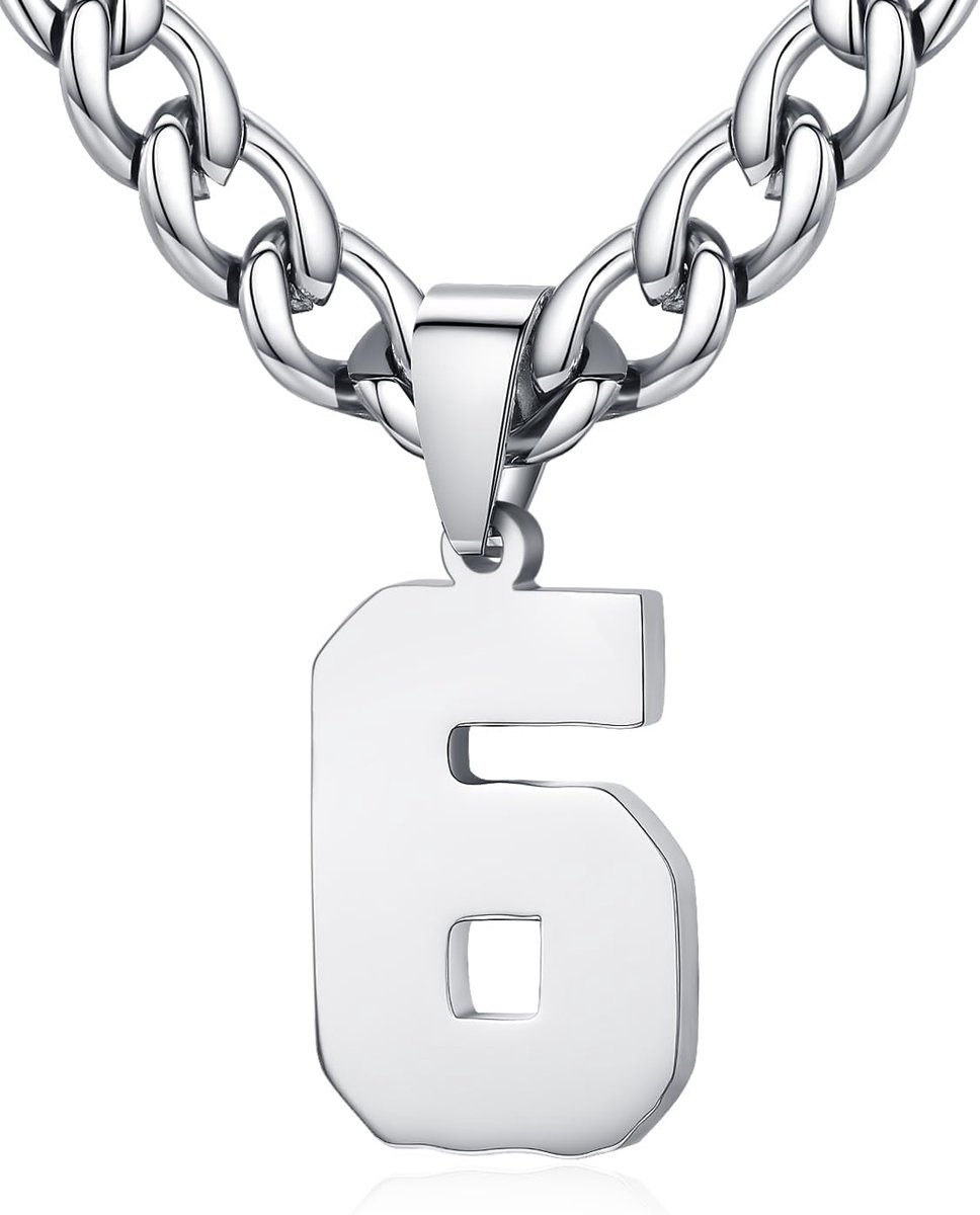 Heren dames roestvrij staal 0-99 getal hanger geluksgetal jersey nummer sporter halsketting gepersonaliseerd met 6 mm brede pantserketting, Roestvrij staal