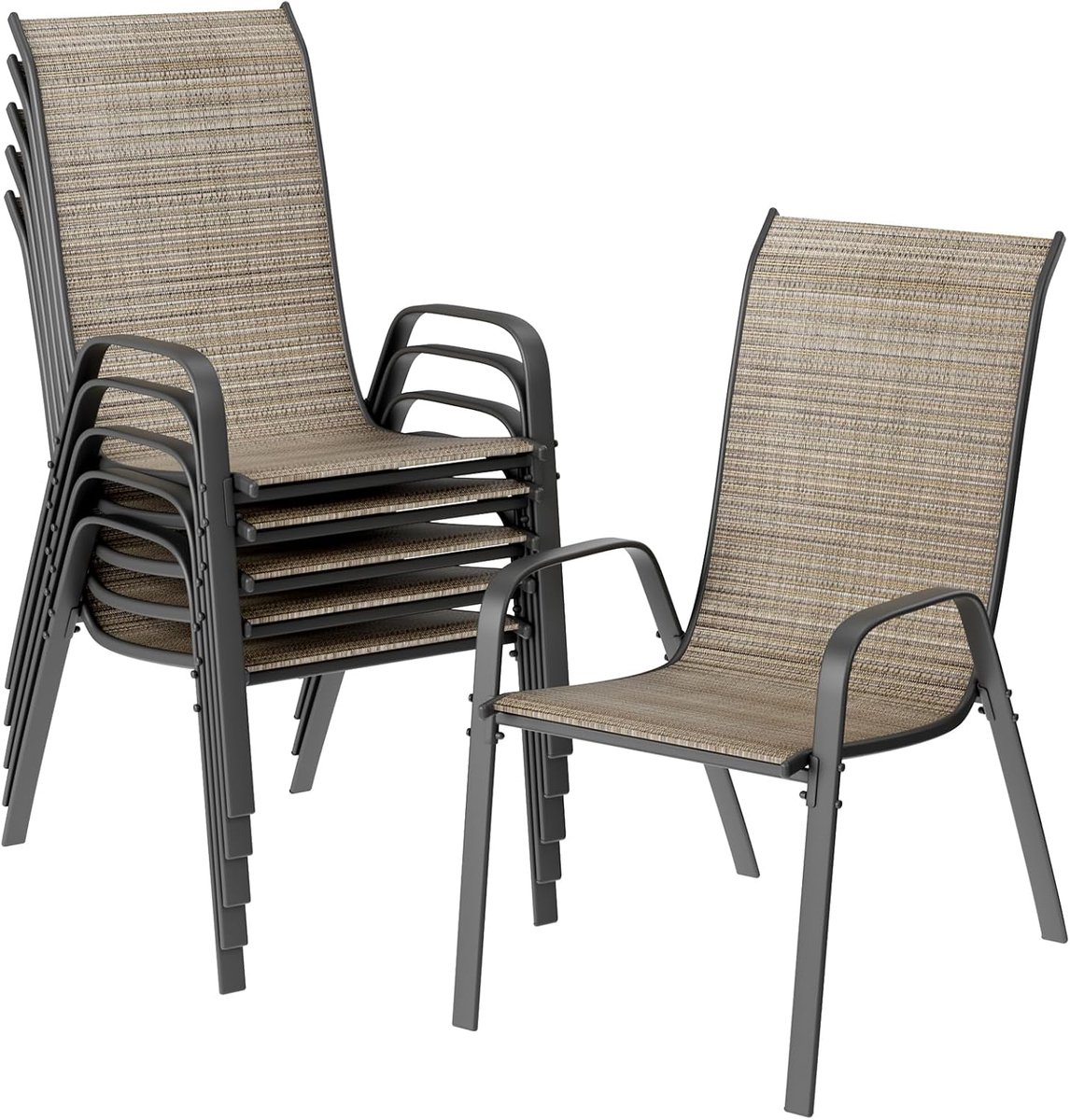Tuinstoelen, stapelstoel, camping, stapelbaar, hoge rugleuning, terrasstoel, textileen, stalen frame voor tuinen, binnenplaatsen, balkons, restaurants, 150 kg belastbaar, 54 x 69 x 93 cm (6