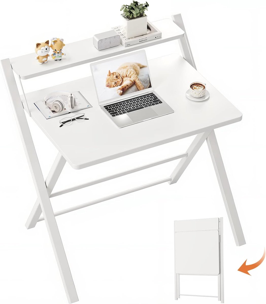 Kleine Vouwtafel 70 cm, Vouw Gaming Tafel met 2 Opbergniveaus, Mini Laptop Bureau voor Kleine Ruimtes, Schrijfbureau voor Werkstations, Wit