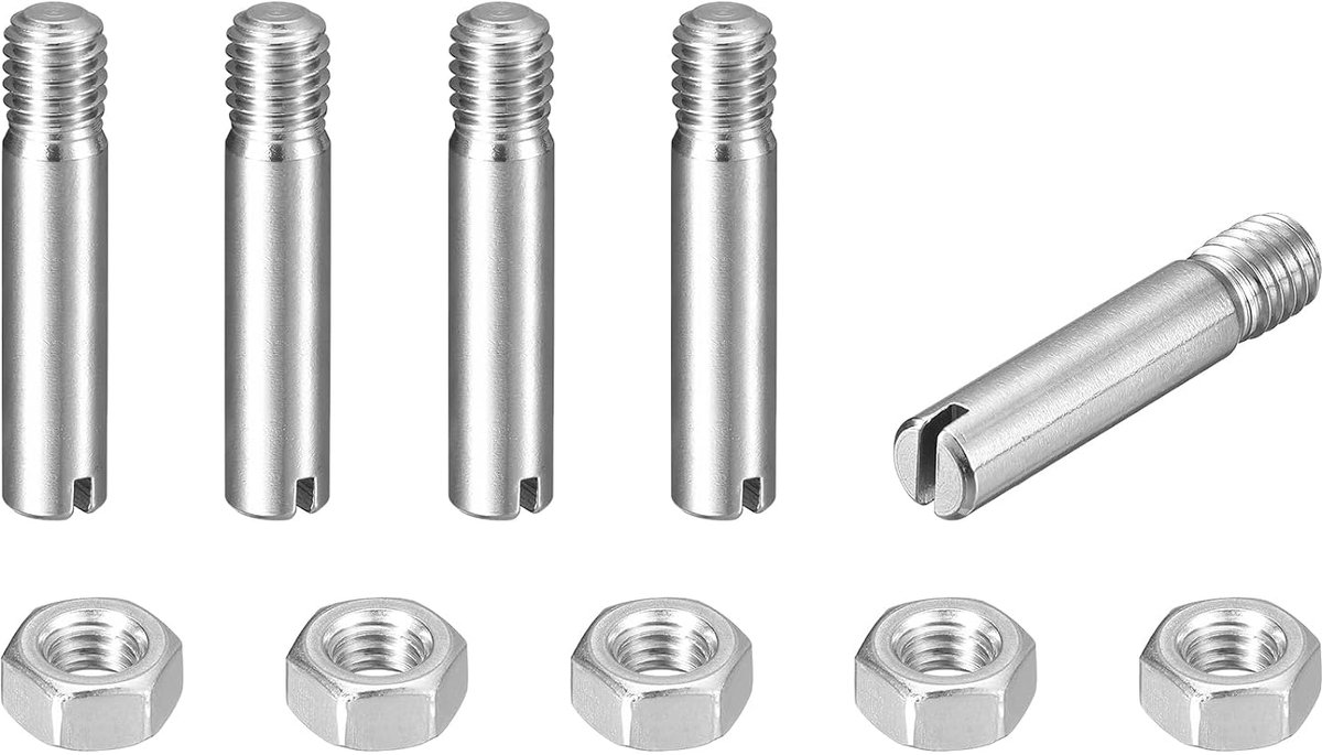 5 stuks cilinderpennen M6 x 30 mm 304 roestvrij staal plugpennen met M6 x 6,5 mm buitendraad, schroefdraadpennen met sleuf en moeren set voor mechanische productie, industrie, meubelmontage