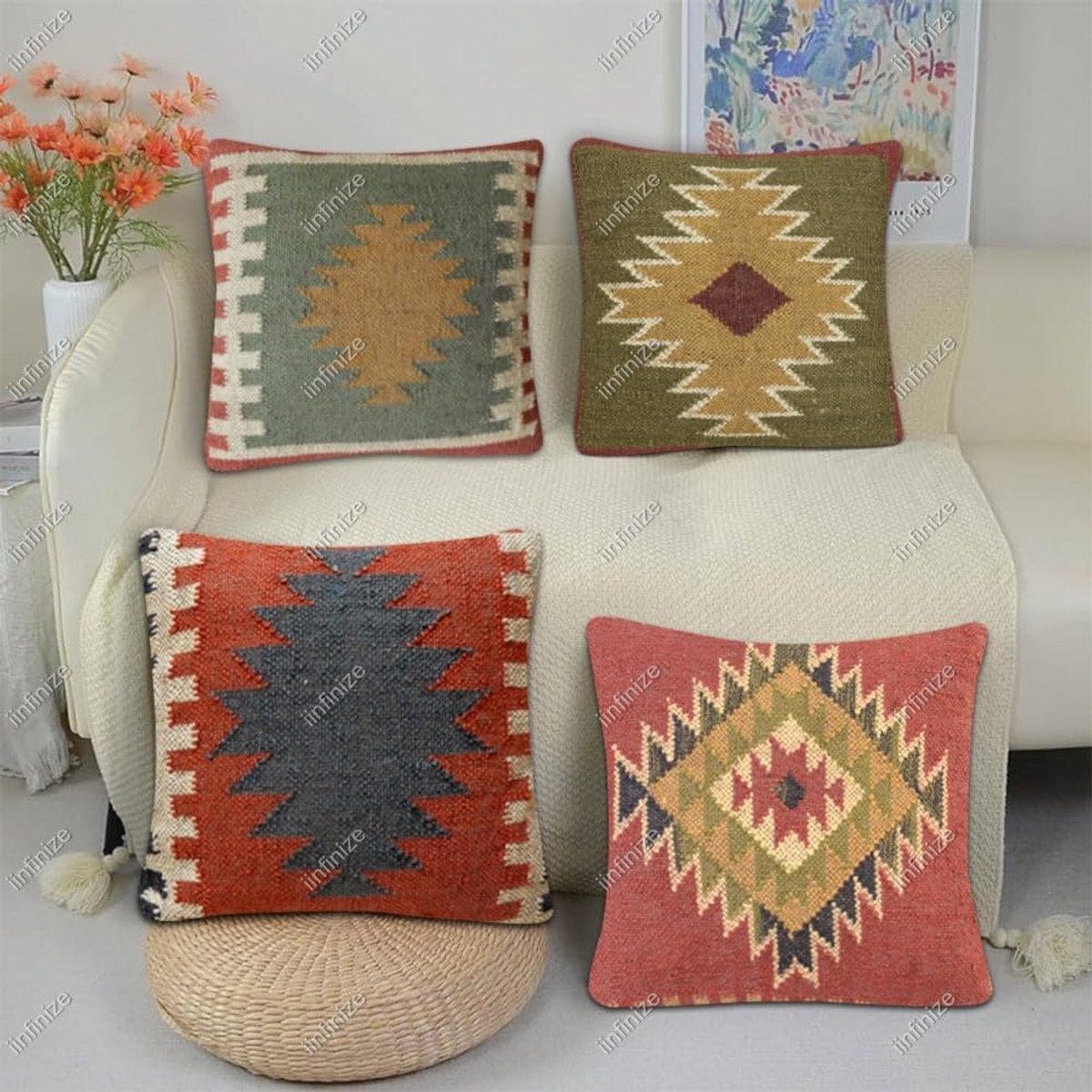 Kussenhoes 45 x 45 cm - Handgeweven jute - Kelim ontwerp - Decoratief voor binnen en buiten - SnelShoppen