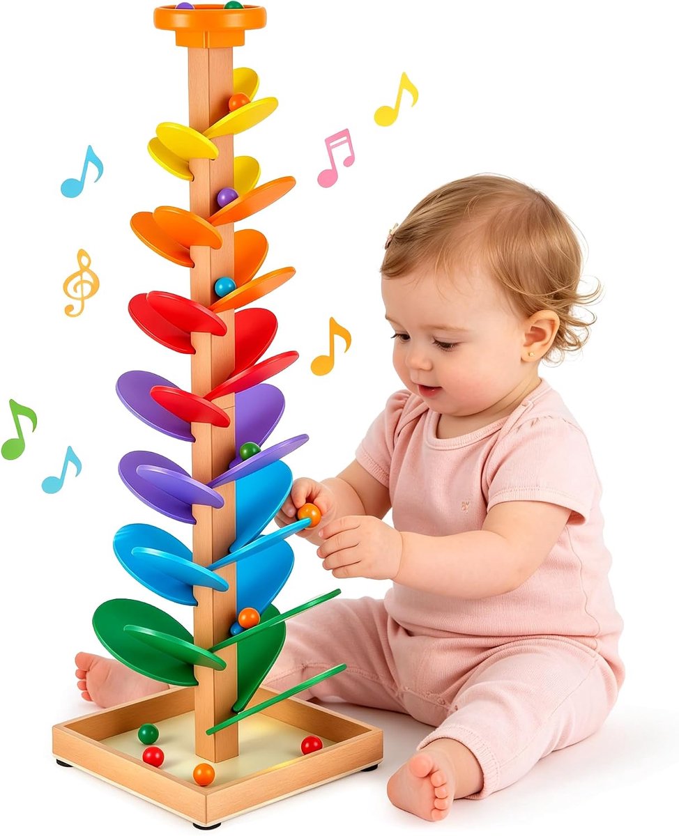 Hout, 72 cm, regenboogklankboom met ronde plank bovenaan, 12 regenboogballen, 8 kleurrijke niveaus, Montessori-speelgoed voor het sorteren van kleuren, verjaardagscadeau voor kinderen van 3
