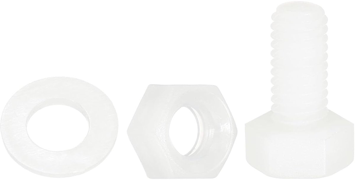 Set van 300 stuks/100 nylon zeskantschroeven, M5 x 10 mm zeskantkopschroeven, kunststof, volledige schroefdraad en moeren met platte sluitringen, voor elektronische industriële accessoires