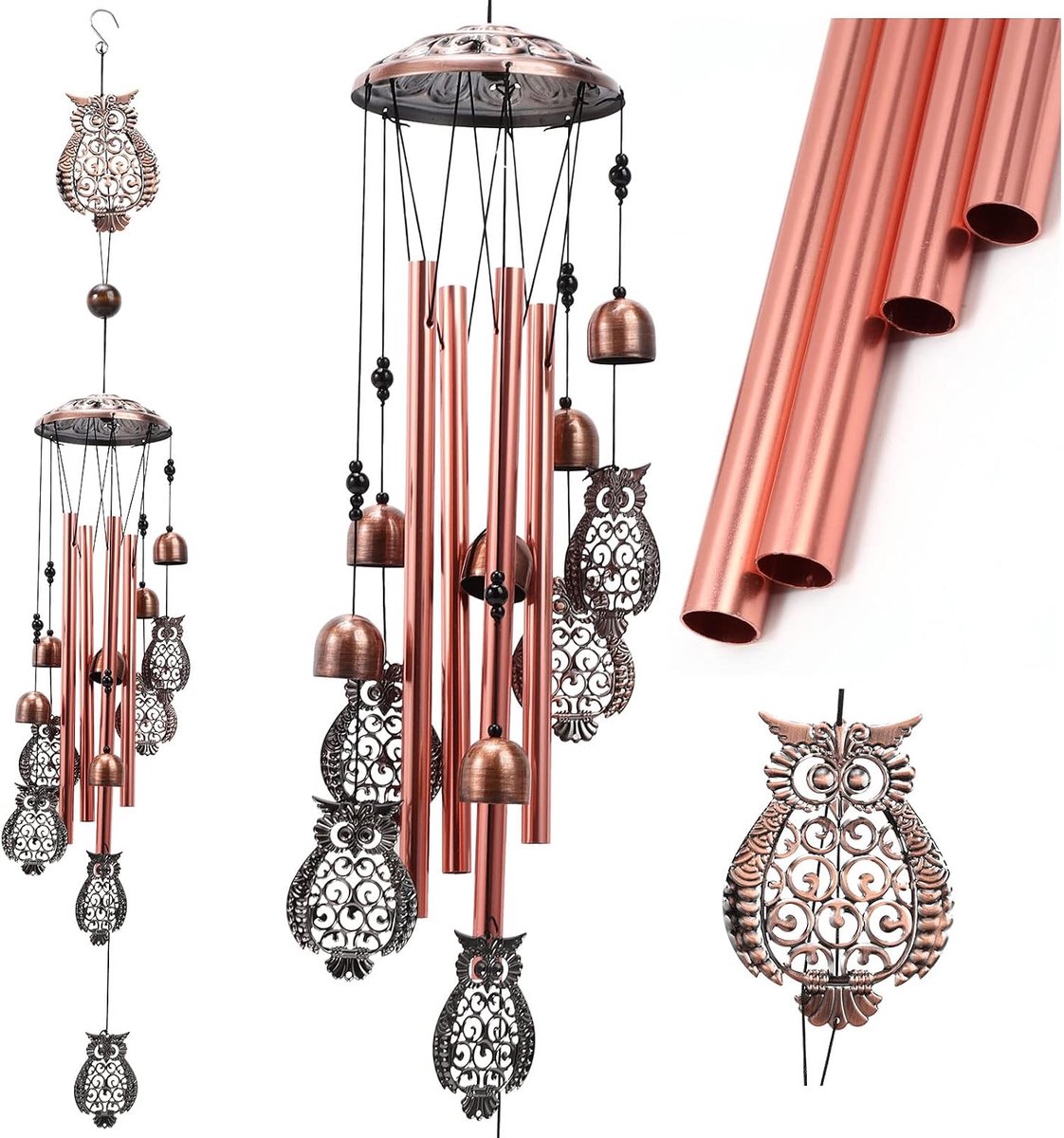 koperen windgong voor buiten cadeau met S-haak voor binnen en buiten decoraties (uil)