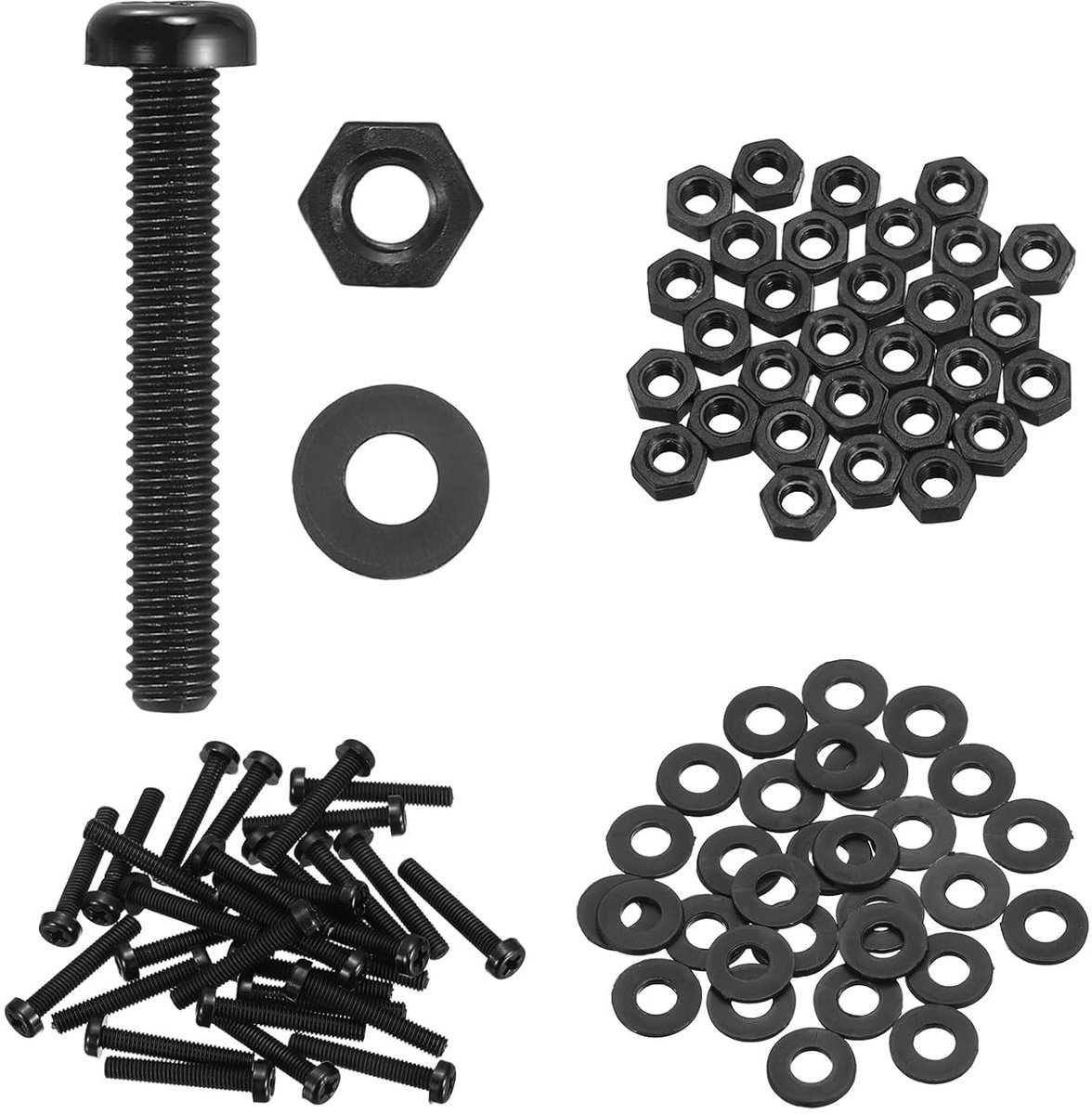 Sets ronde kopschroeven, nylon, PA66, M4 x 25 mm, Phillips met zeskantmoeren en gesorteerde sluitringen, bevestigingsset met volledige schroefdraad voor doe-het-zelf machinemontage, zwart