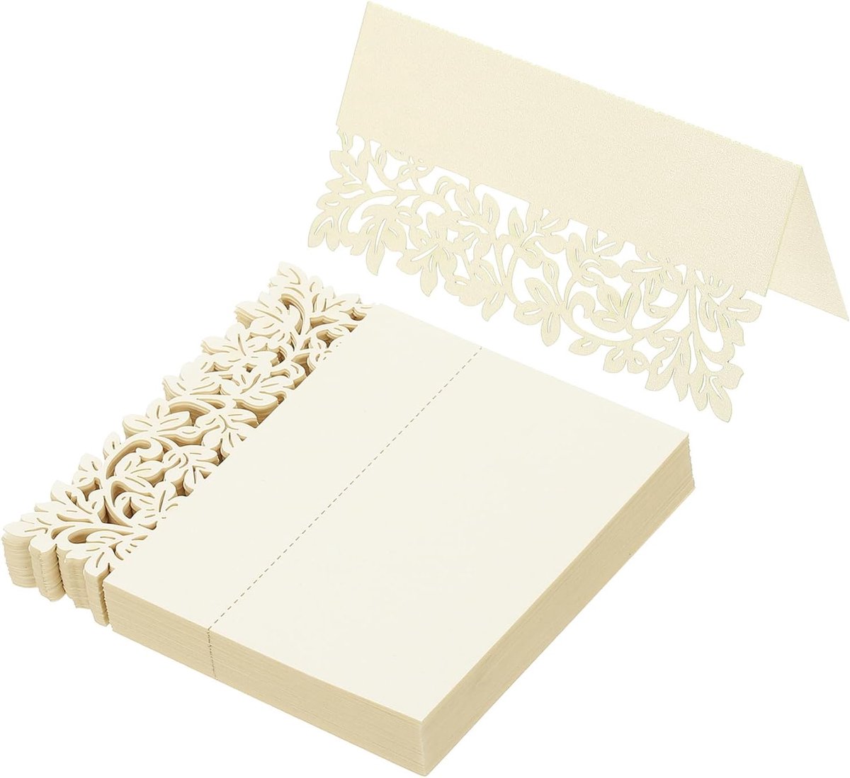 50 stuks bruiloft plaats kaarten, laser gesneden bladeren tafel plaats kaart gevouwen tent kaart naam kaarten voor tafel instelling bruiloft receptie buffet, beige