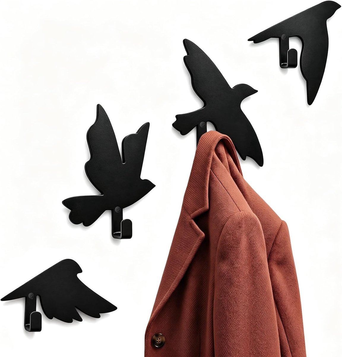 4 stuks kapstokhaken met vogelmotief, zwart, decoratieve kledinghaken muur met schroevenset, stabiele wandhaken voor jassen, sjaals, tassen, handdoeken en meer, ideaal voor hal, hal en entree