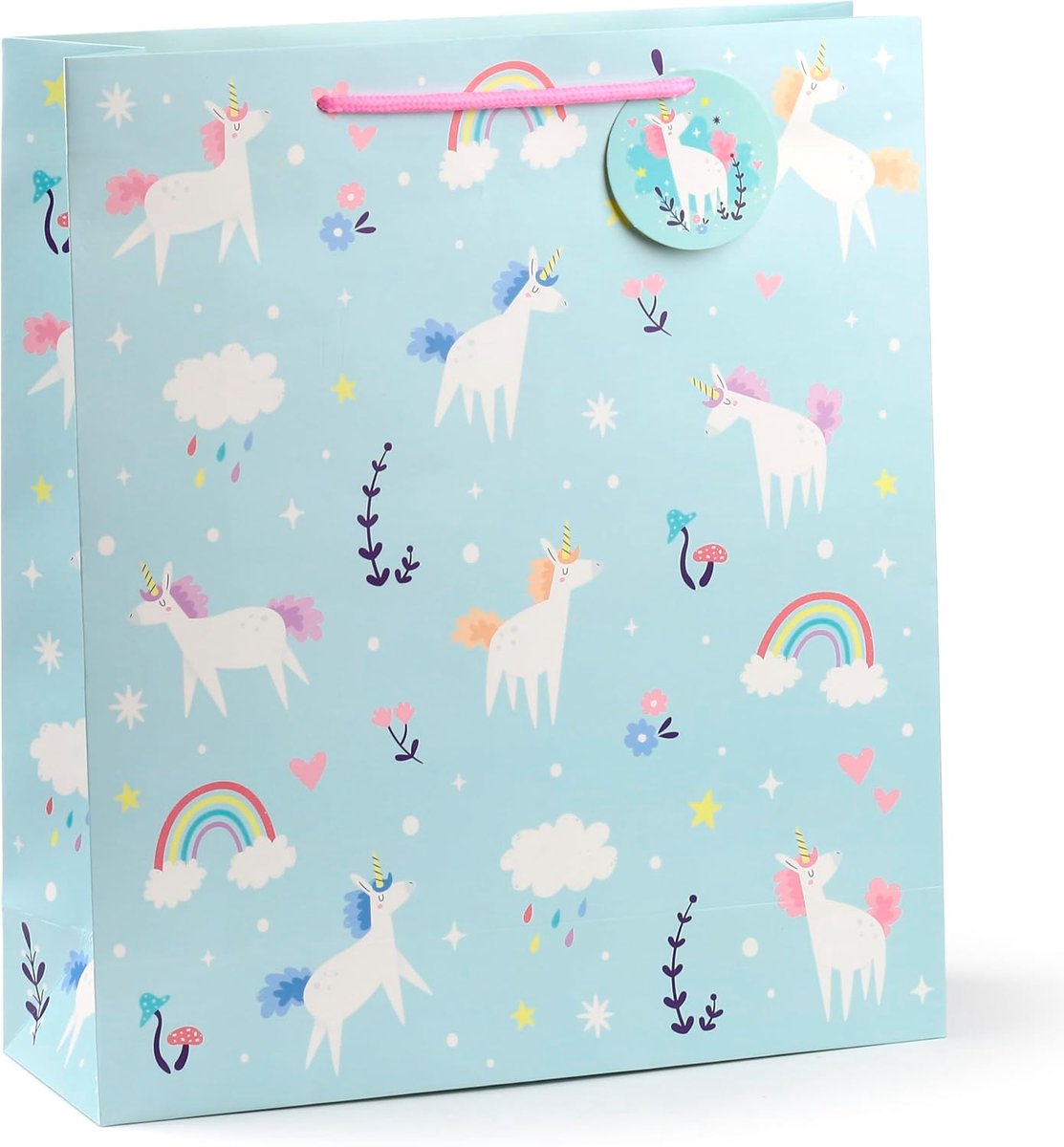 Cadeauzakje van glanzend papier met kaartjes, groot 40 cm, eenhoornmagie, XL, meisjes en meisjes