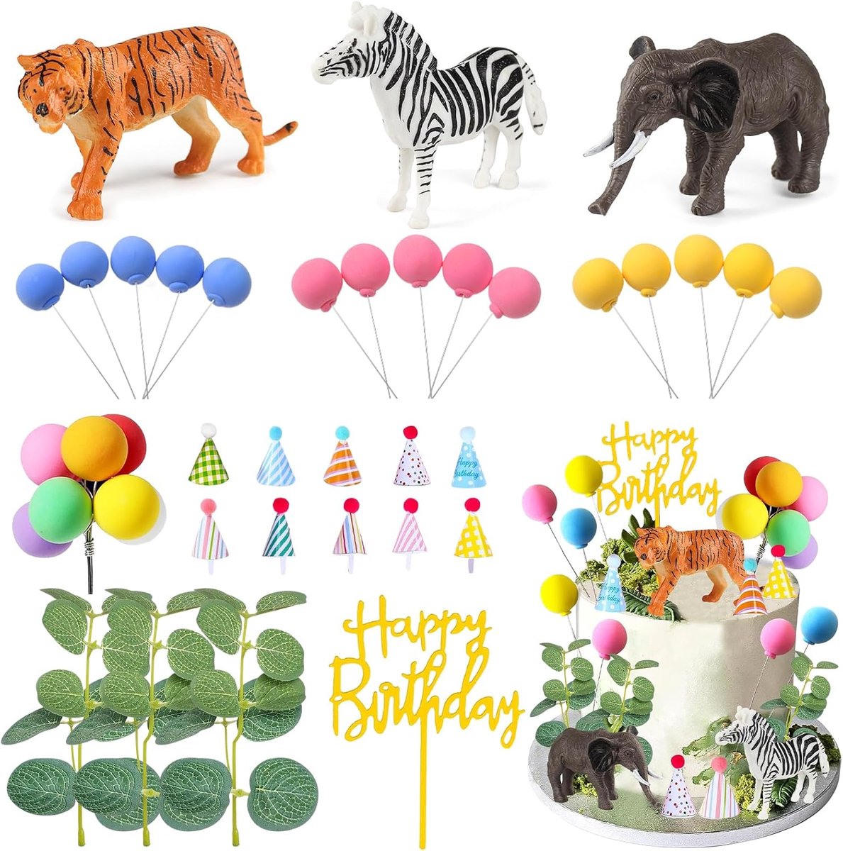 Taartdecoraties met dieren, jungle, 33 stuks, taartdecoratie, verjaardag, kinderen, taartdecoratie, safariballen, decoratie voor taart, tijger, olifant, zebra, eucalyptusbladeren, topper, taart
