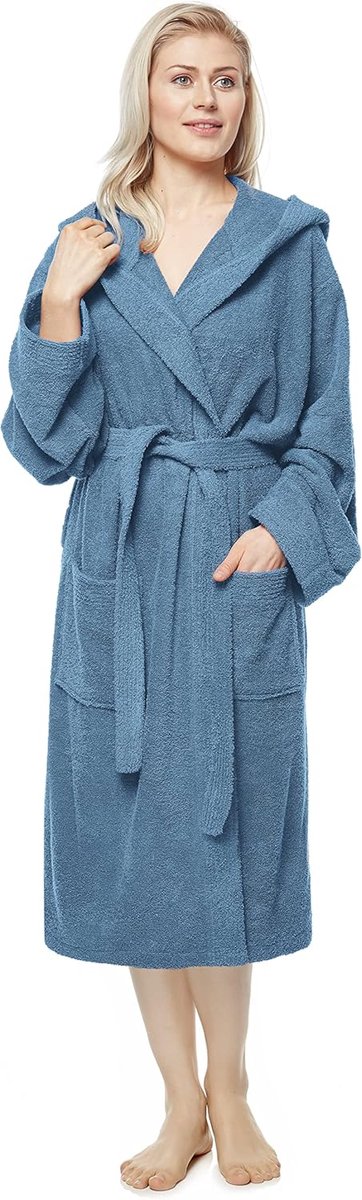 Damesbadjas extra lang - 100% katoenen badstof - met capuchon - heerlijk warm en comfortabel - SnelShoppen