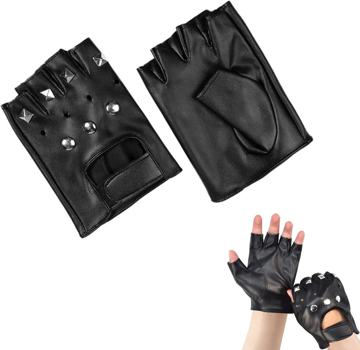 Vingerloze PU leren handschoenen - halve vinger - met klinknagels - ideaal voor bikers en festivals - SnelShoppen