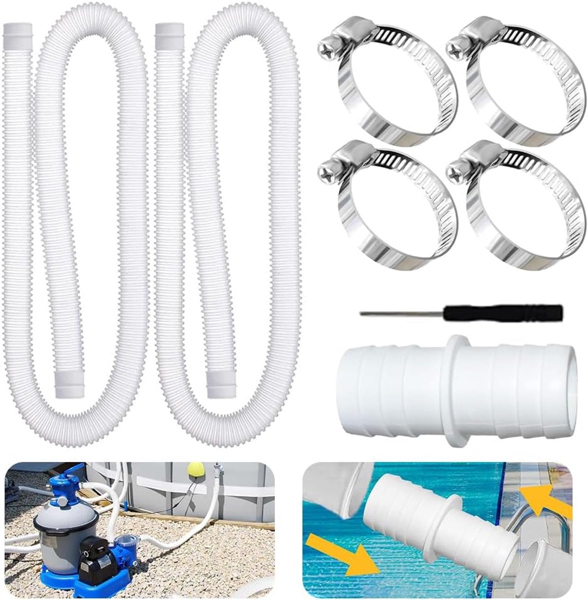 Zwembadslang 32mm - 2 Stuks, 150 cm - Met 4 Veiligheidsclips - Geschikt voor Filterpomp - SnelShoppen