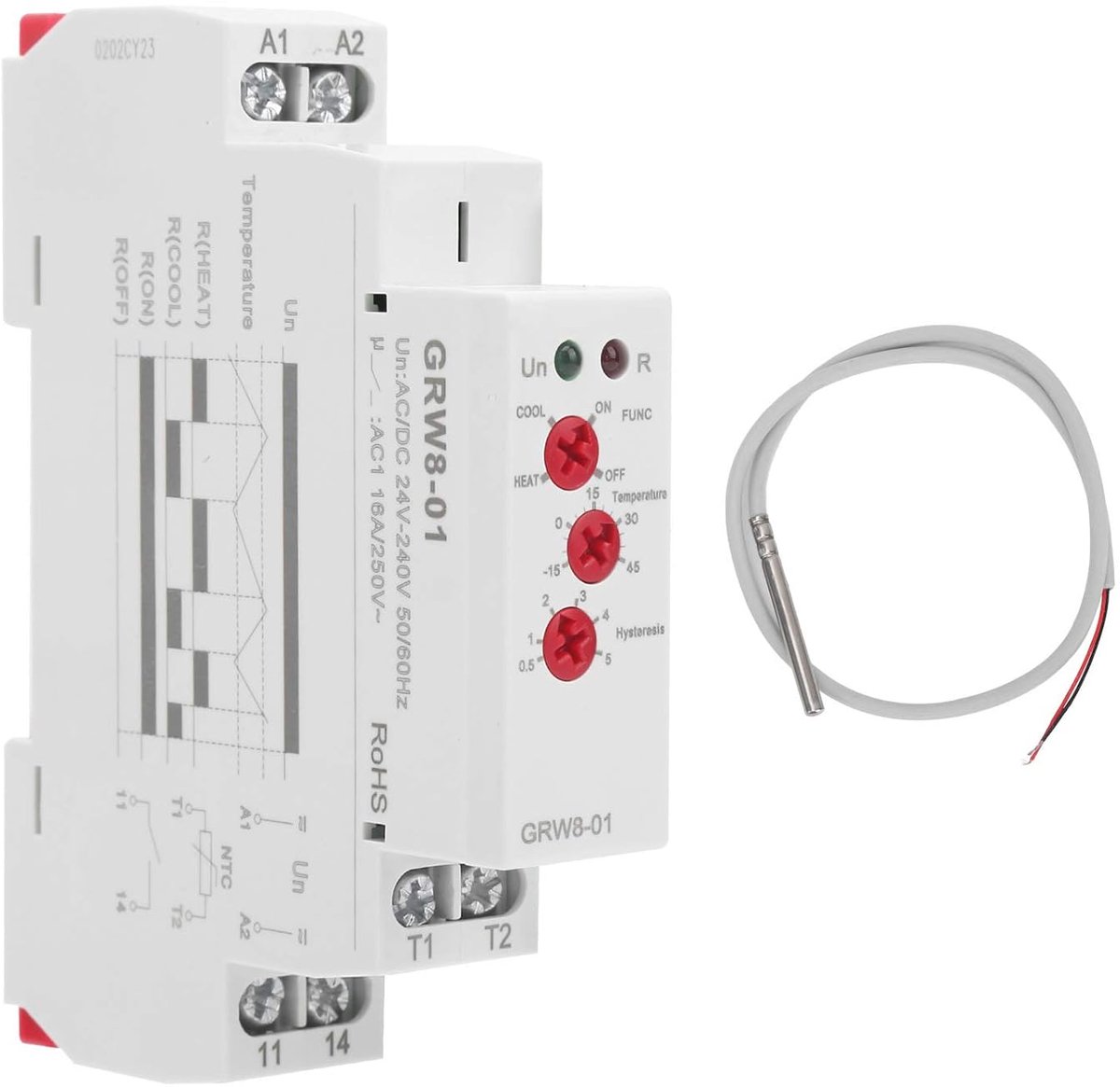 SnelShoppen - Temperatuurregelaar, Digitale Thermostaat met Probe, AC/DC 24V-240V, Temperatuurmonitoring -15°C tot 45°C, LED Display, Rail Systeem 1.4
