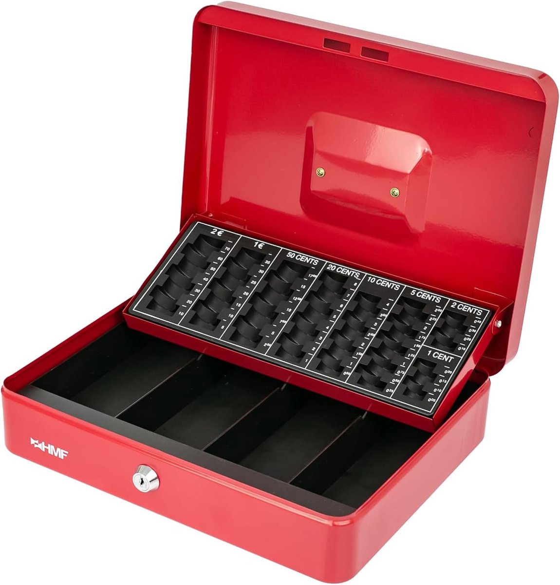 Geldcassette met slot 30,5 x 24 x 8,5 cm - rood - met muntenteller en biljetcompartiment - ShopVlot