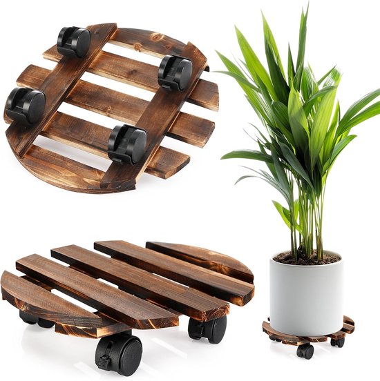 Plantroller 30 cm rond - houten roller met rubberen wielen - stil draaien 360° - voor binnen en buiten - ShopVlot