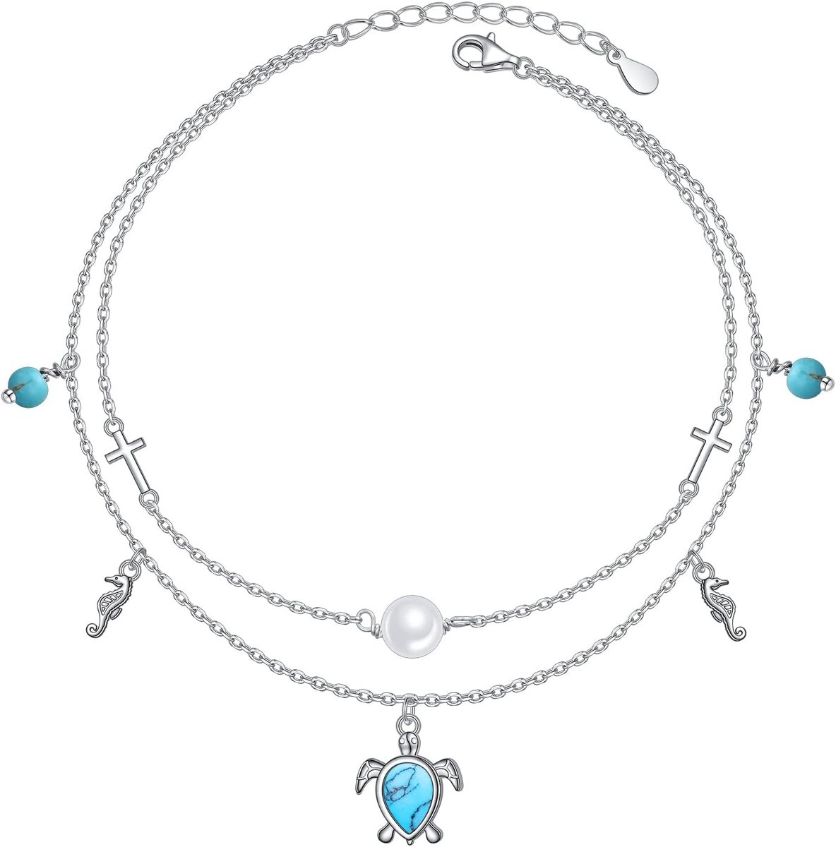 Enkelbandje voor dames - 925 sterling zilver - zeeschildpad en zeepaard - perfect voor de zomer - ShopVlot
