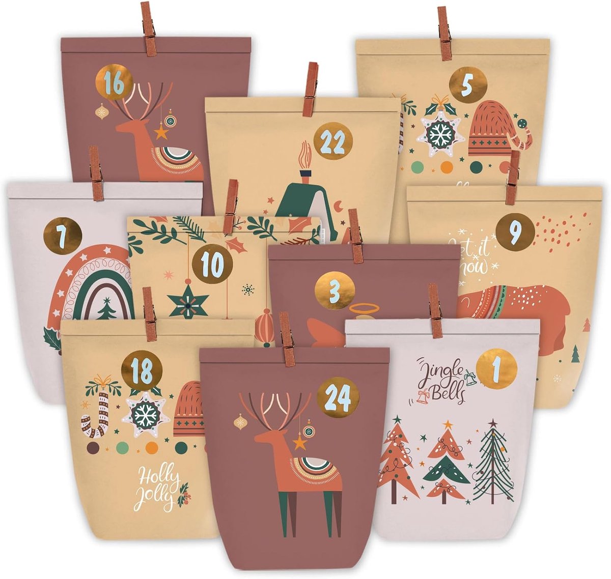 Kerstkalender papieren zakken - vulbare geschenkverpakkingen - feestelijke uitstraling - ideaal voor advent - ShopVlot