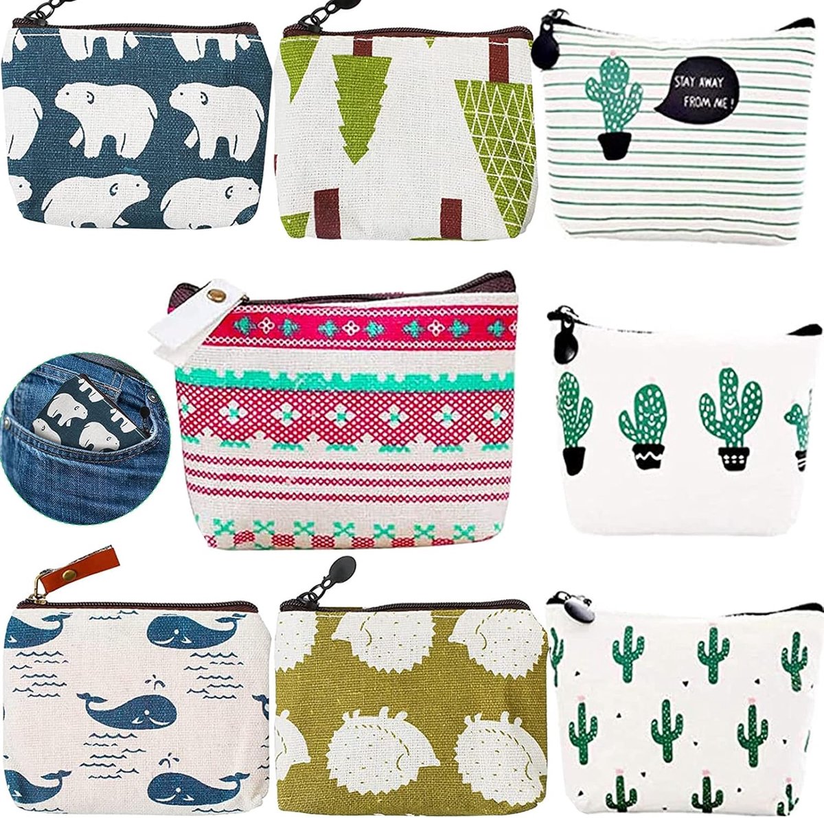 Mini canvas portemonnee 8 stuks - multifunctionele canvas tas - sloth design - perfect voor pennen en make-up - ShopVlot