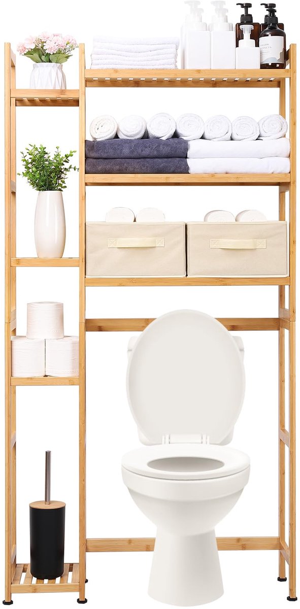 Bamboe Toiletrek met 3 Planken en 2 Opbergmanden - Ruimtebesparend Badkamerrek Boven Toilet - Verstelbaar Opbergrek met Waterbestendige Voetjes - Multifunctionele Badkamer Organizer voor Toilet, Wasruimte en Badkamer - Naturel