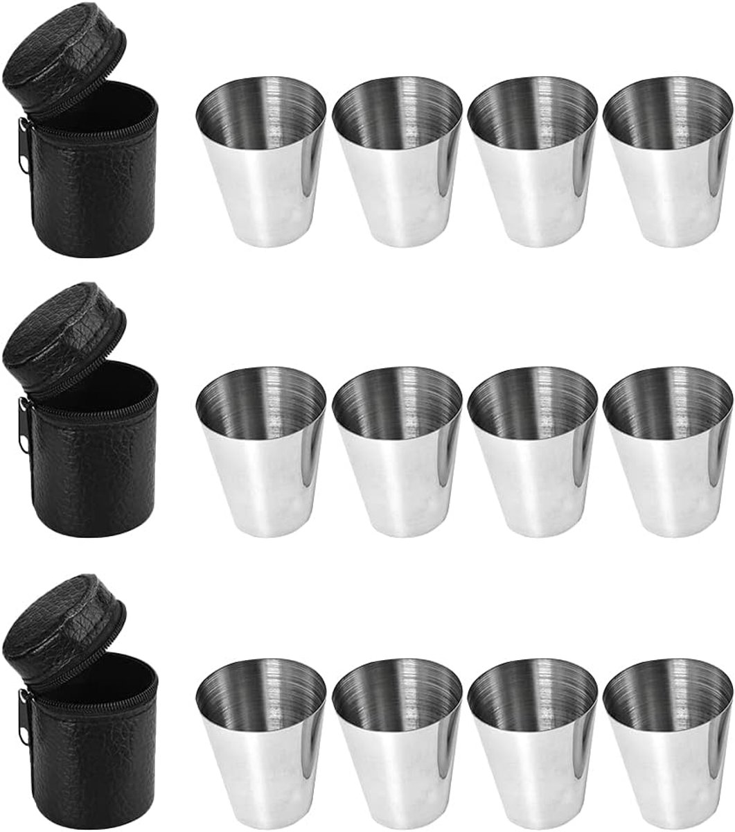 Stalen shotglazen set - 12 stuks - met leren tas - ideaal voor flat man accessoires - ShopVlot