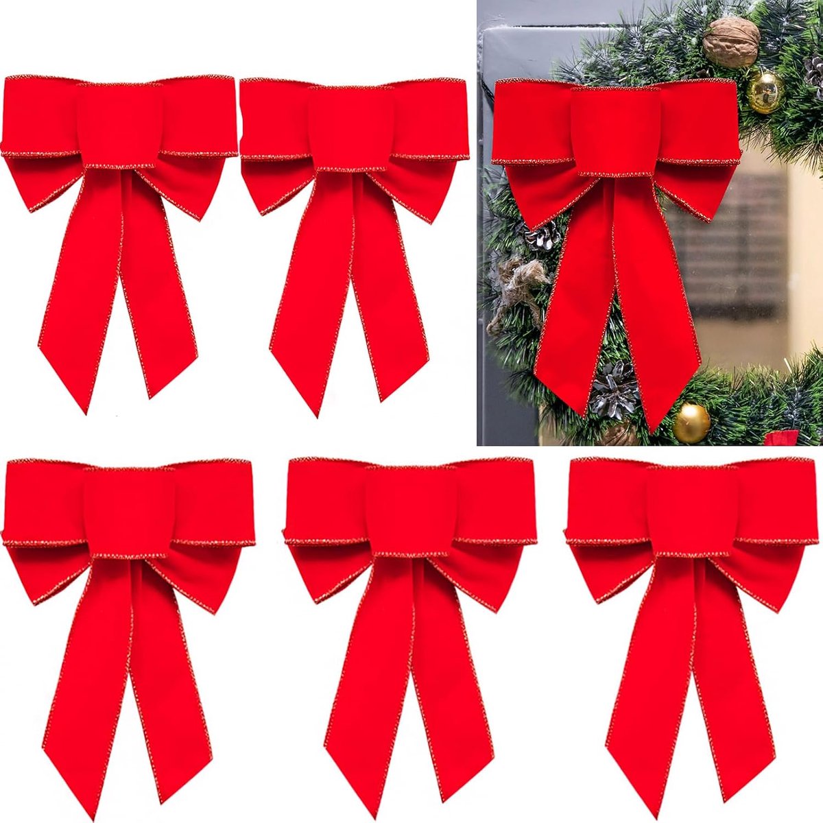 Kerststrikken 6 Stuks Groot - Rode Fluwelen Strik - Glitter Gouden Rand - Perfect voor Kerstboom of Deurkrans - ShopVlot
